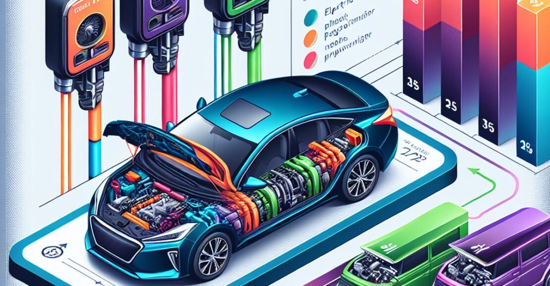 Ryški infografija, vaizduojanti hibridinį automobilį su atidarytu variklio skyriumi, atskleidžianti sudėtingą hibridinės sistemos veikimą, kartu su stulpeliu diagrama, kurioje palyginamos hibridinių ir tradicinių benzininių transporto priemonių degalų sąnaudos.