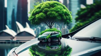Žalias, lapuotas medis, atsispindintis stovinčio hibridinio automobilio priekiniame stikle, su neryškiu miesto vaizdu fone, simbolizuojančiu ekologiškus ir šiuolaikiškus hibridinių transporto priemonių nuosavybės aspektus.