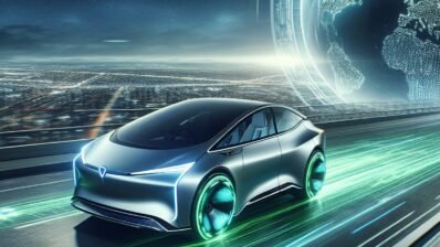 Futuristinis, aptakus hibridinis automobilis, lekiantis greitkeliu, palikdamas žalios energijos pėdsaką, simbolizuojantis tvarios ir efektyvios transporto ateities pažadą.