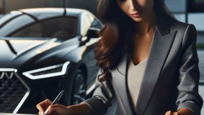 Pasitikintis žmogus sėdi prie stalo, peržiūri dokumentus ir naudojasi skaičiuokle, o fone stovi aptakus automobilis, simbolizuojantis automobilio lizingo finansinio planavimo aspektą.