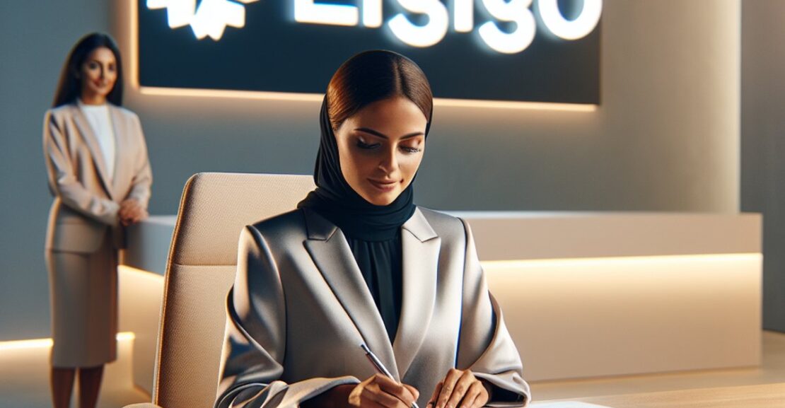 A person signing a contract with a large, bright "Lizingo" sign in the background, symbolizing a modern, professional financial solution.