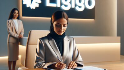 A person signing a contract with a large, bright "Lizingo" sign in the background, symbolizing a modern, professional financial solution.