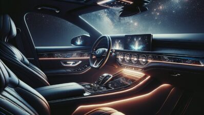 Prabangus automobilio interjeras su elegantiškomis odinėmis sėdynėmis, aukštųjų technologijų prietaisų skydeliu ir panoraminiu stoglangiu, demonstruojančiu prabangias detales ir pažangias funkcijas, kurios pagerina vairavimo patirtį.