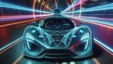 Futuristinis sportinis automobilis, aptakus ir aerodinamiškas, su žėrinčiomis linijomis, pabrėžiančiomis naujoviškus dizaino bruožus, važiuojantis neoninėmis lemputėmis apšviestu tuneliu, demonstruojantis greitį ir technologijų pažangą.