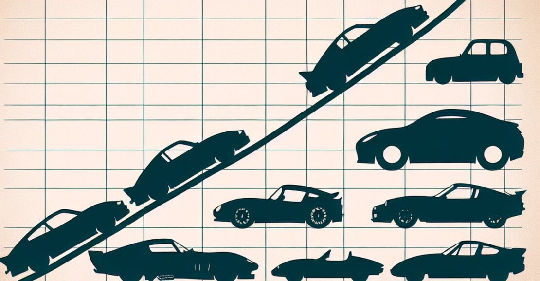 Stilizuotas grafikas, kuriame pavaizduota linijinė diagrama, vaizduojanti sportinių automobilių kainų kilimą ir kritimą laikui bėgant, su įvairiais sportinių automobilių siluetais, išdėstytais išilgai linijos, atspindinčia skirtingus modelius ir epochus.