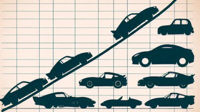 Stilizuotas grafikas, kuriame pavaizduota linijinė diagrama, vaizduojanti sportinių automobilių kainų kilimą ir kritimą laikui bėgant, su įvairiais sportinių automobilių siluetais, išdėstytais išilgai linijos, atspindinčia skirtingus modelius ir epochus.